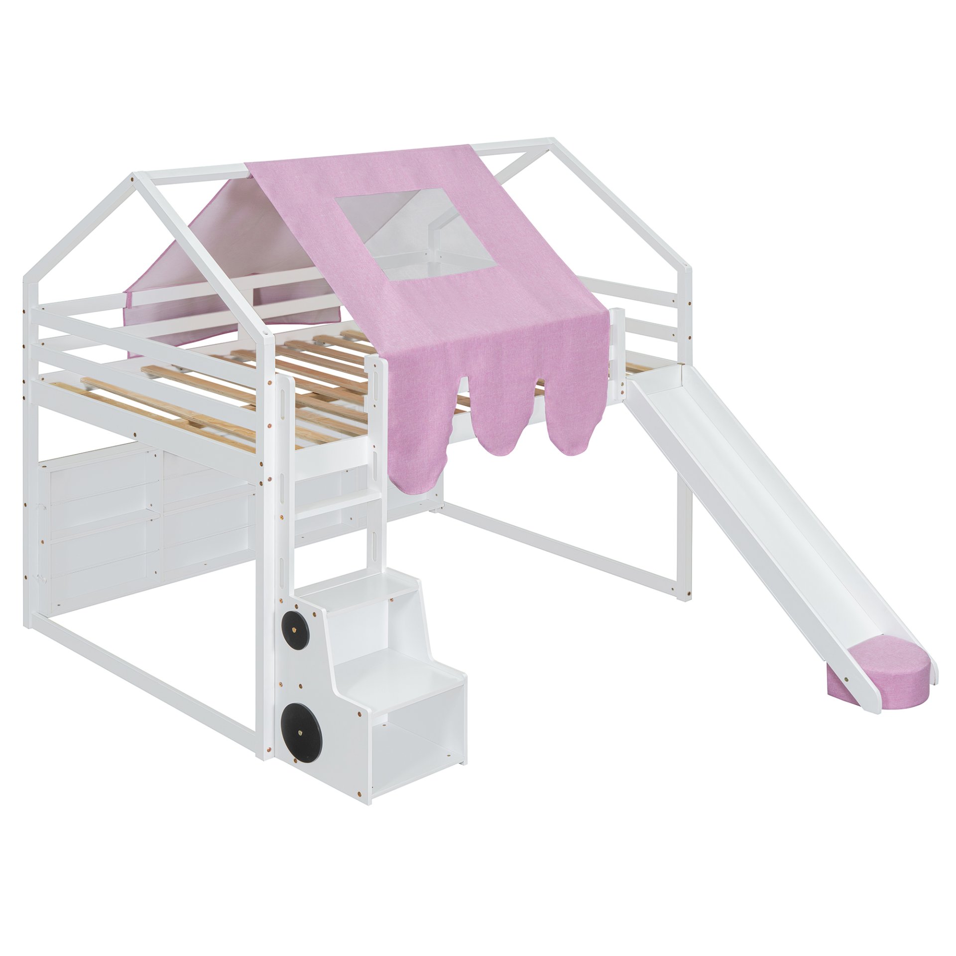 Full Size Loft Bed With House Shaped Frame And Tent - White / Pink - Image 11