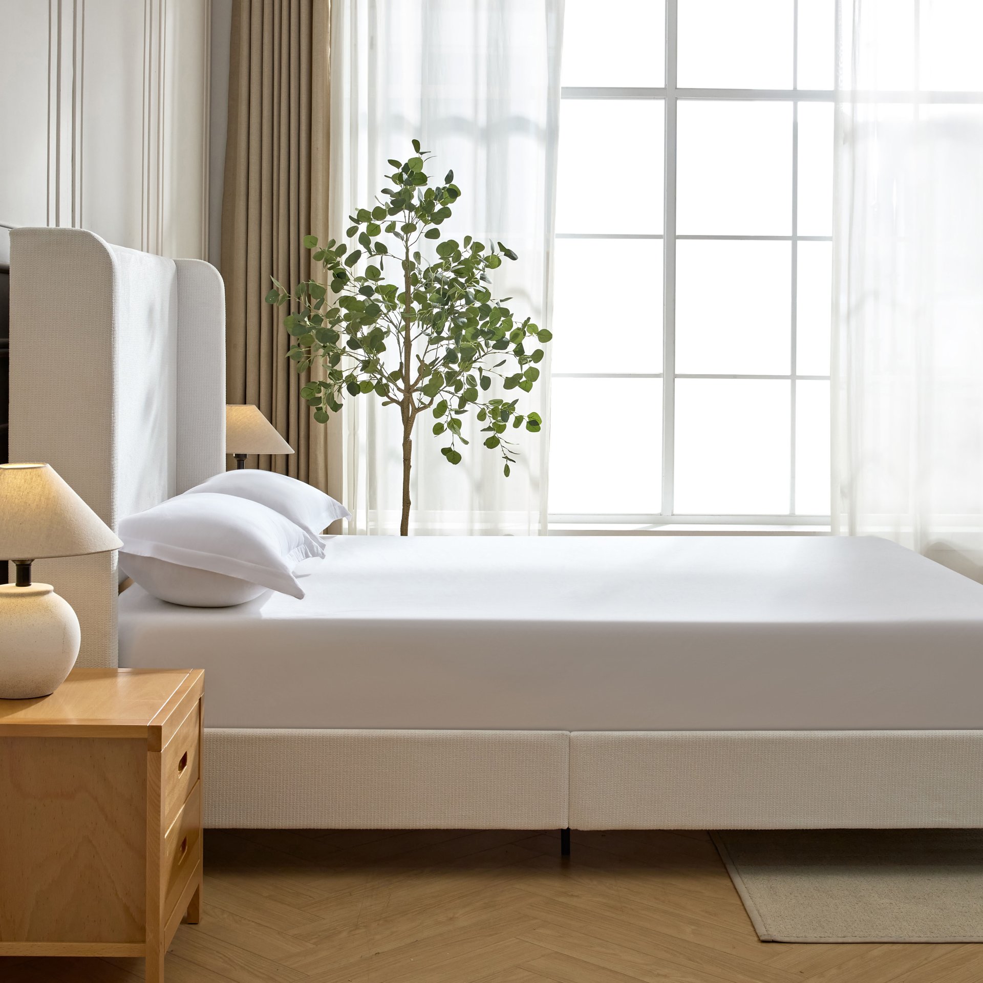 Harper - California King Size Tall Headboard Upholstered Bed Frame, Slats Base - Cream White - Image 4