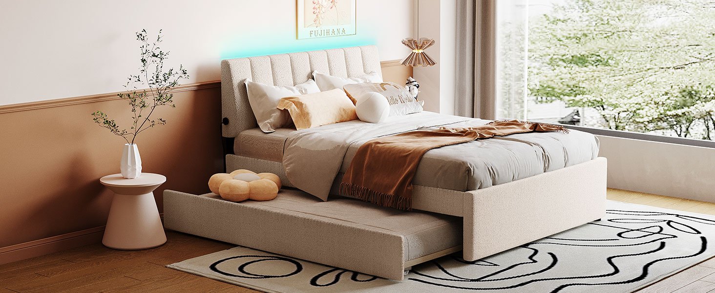 Full Size Upholstered Platform Bed With Twin Size Trundle - Beige - Image 15