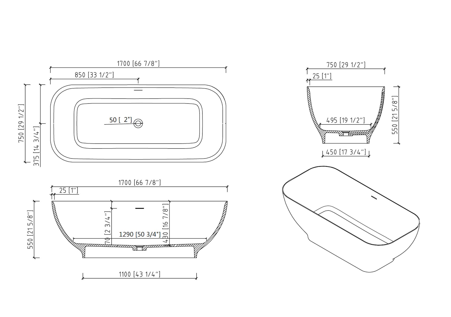 Freestanding Solid Surface Bathtub, Luxury Engineered Stone Resin Freestanding Soaking Bathtub With Overflow And Pop-Up Drain Cupc Certified, 22S04-67 - Matte White - Image 11