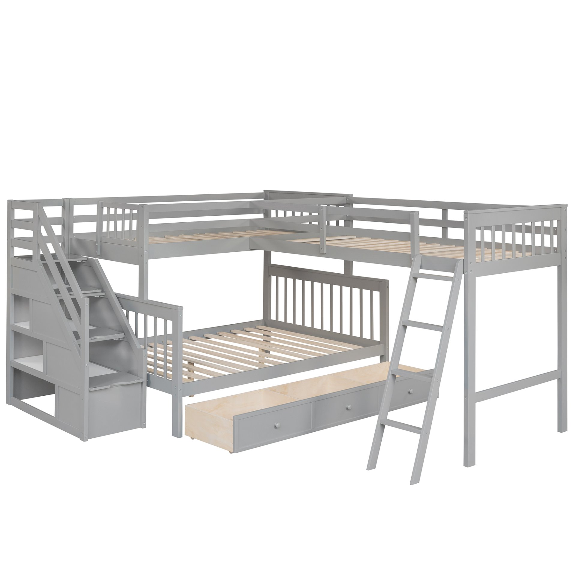 Twin Over Full L Shaped Bunk Bed & 3 Drawers, Ladder And Staircase - Gray - Image 3