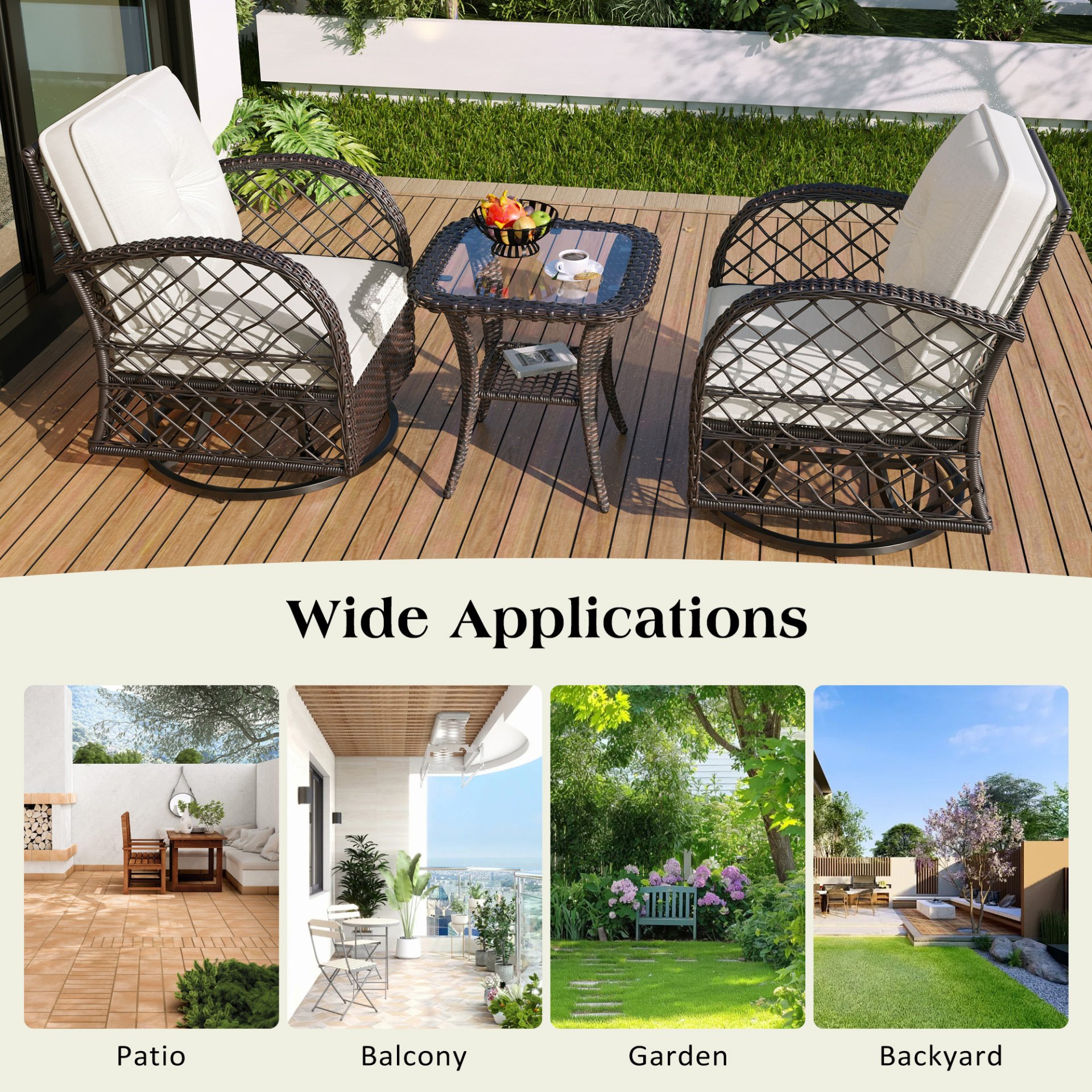 3 Piece Outdoor Chair & Table Set Chat Set 2 Person Rattan Seating Group With 2 Swiveling And Rocking Chairs And A Square Table For Garden, Patio, Or Balcony - Brown - Image 7