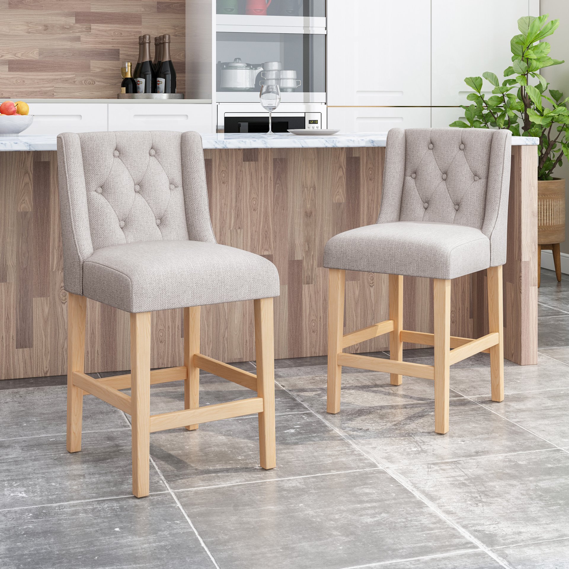 Vienna - Contemporary Fabric Tufted Wingback Counter Stools, (Set of 2) - Light Gray / Natural - Image 2