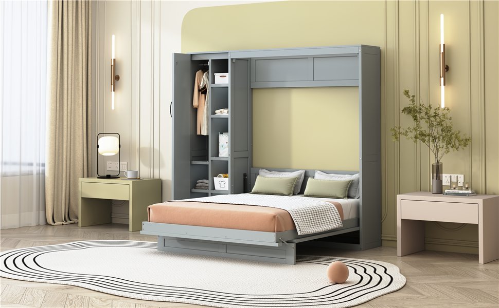 Full Size Murphy Wall Bed With Shelves, Wardrobe And LED Lights - Gray - Image 22