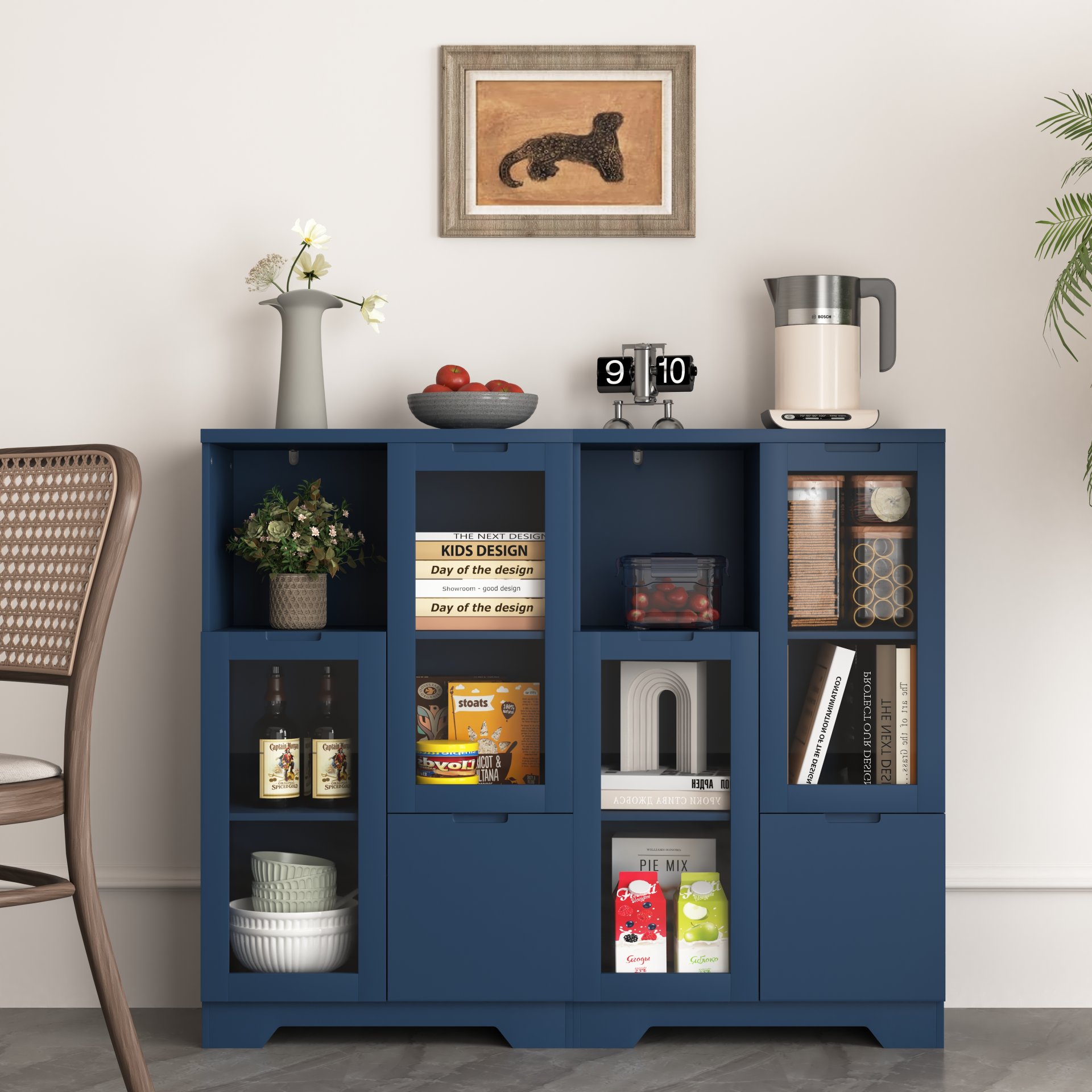 Painted Cabinet With Glass Doors, Drawer, And Open Storage Space For Bedroom And Living Room - Navy Blue - Image 6
