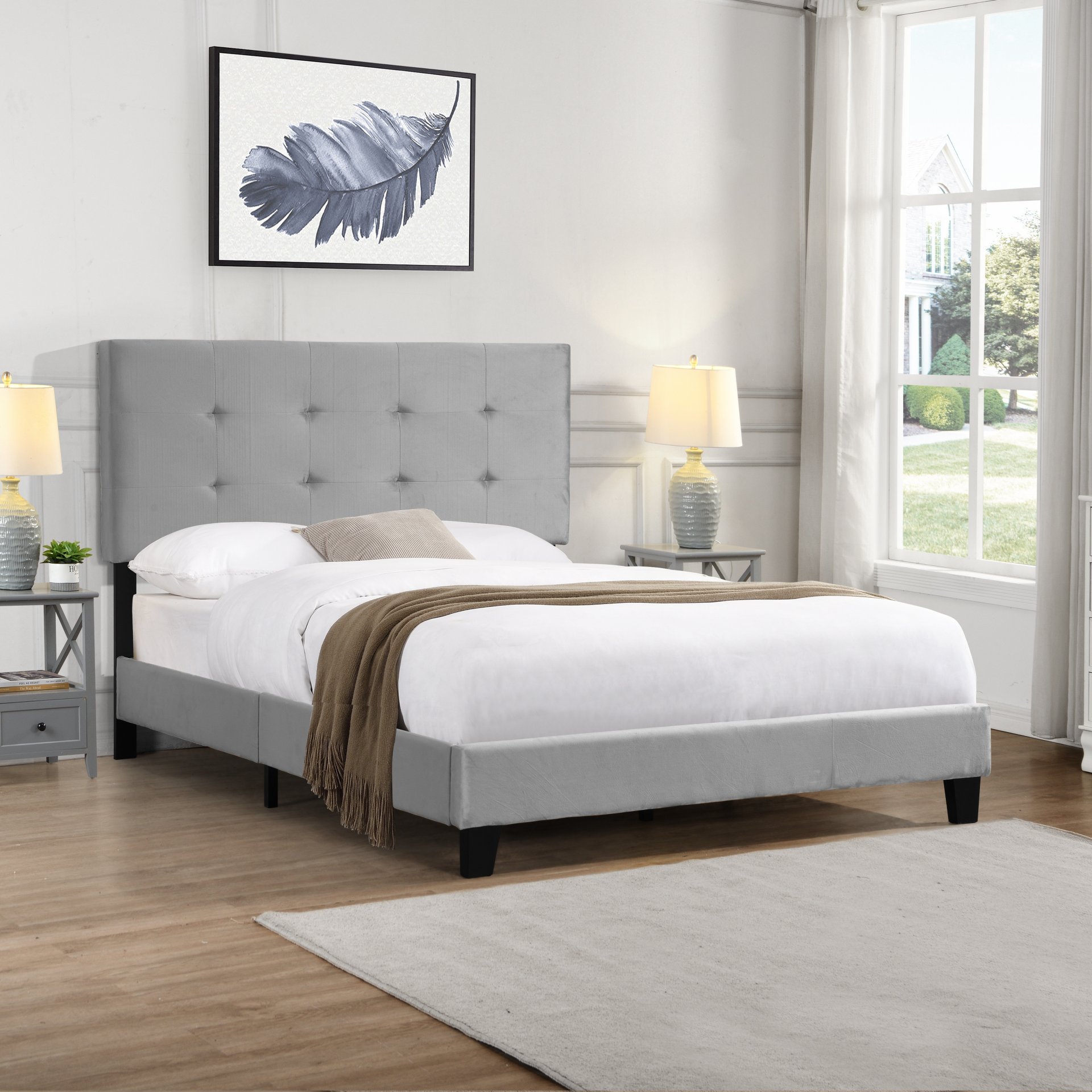 Full Size Upholstered Platform Bed Frame With Tufted Headboard, Strong Wood Slat Support - Gray - Image 2