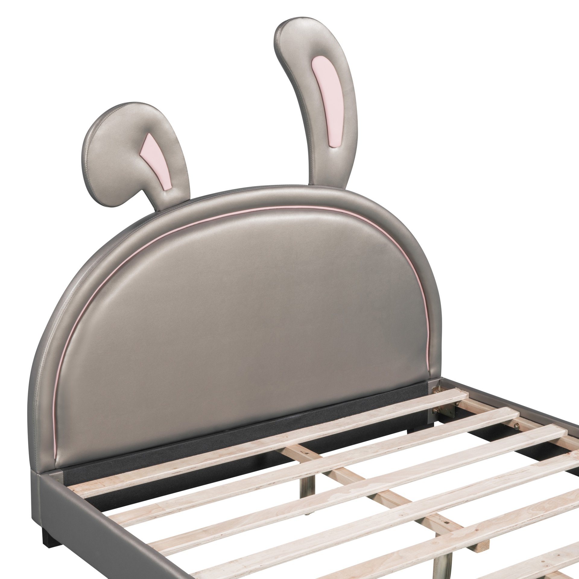 Full Size Upholstered Leather Platform Bed With Rabbit Ornament - Gray - Image 10