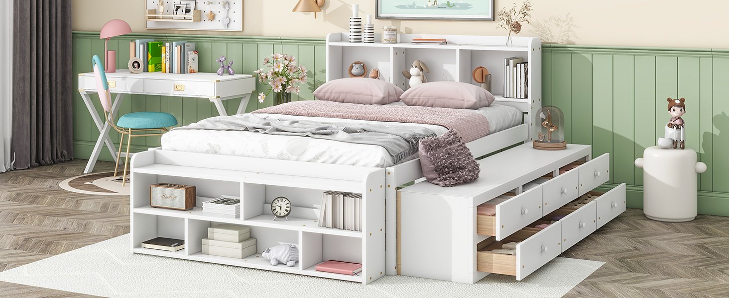 Full Bed With Bookcase Headboard, Under Bed Storage Drawers And Bed End Storage Case - White - Image 7