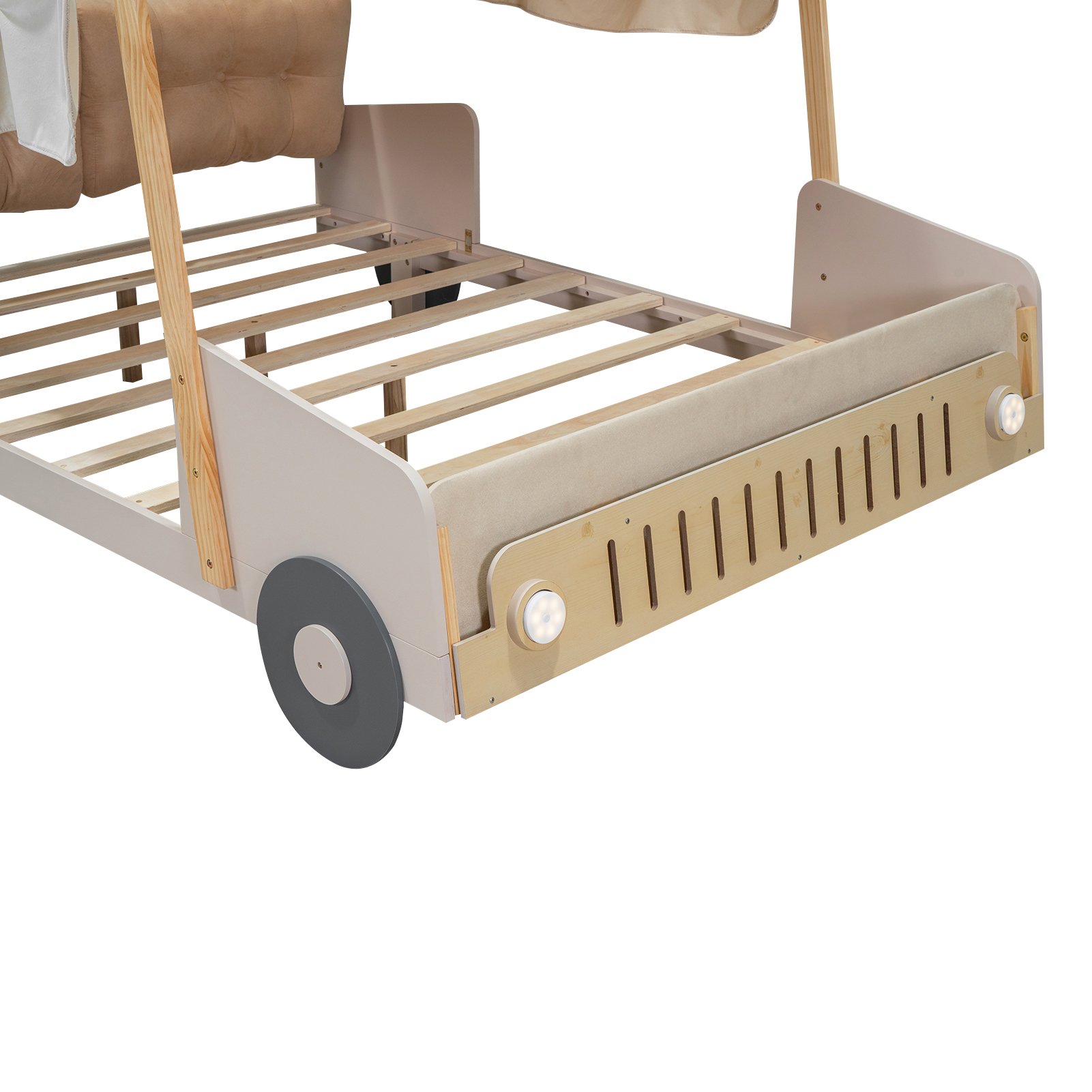 Wood Full Size Car Bed With Pillow, Ceiling Cloth And LED - Natural - Image 7