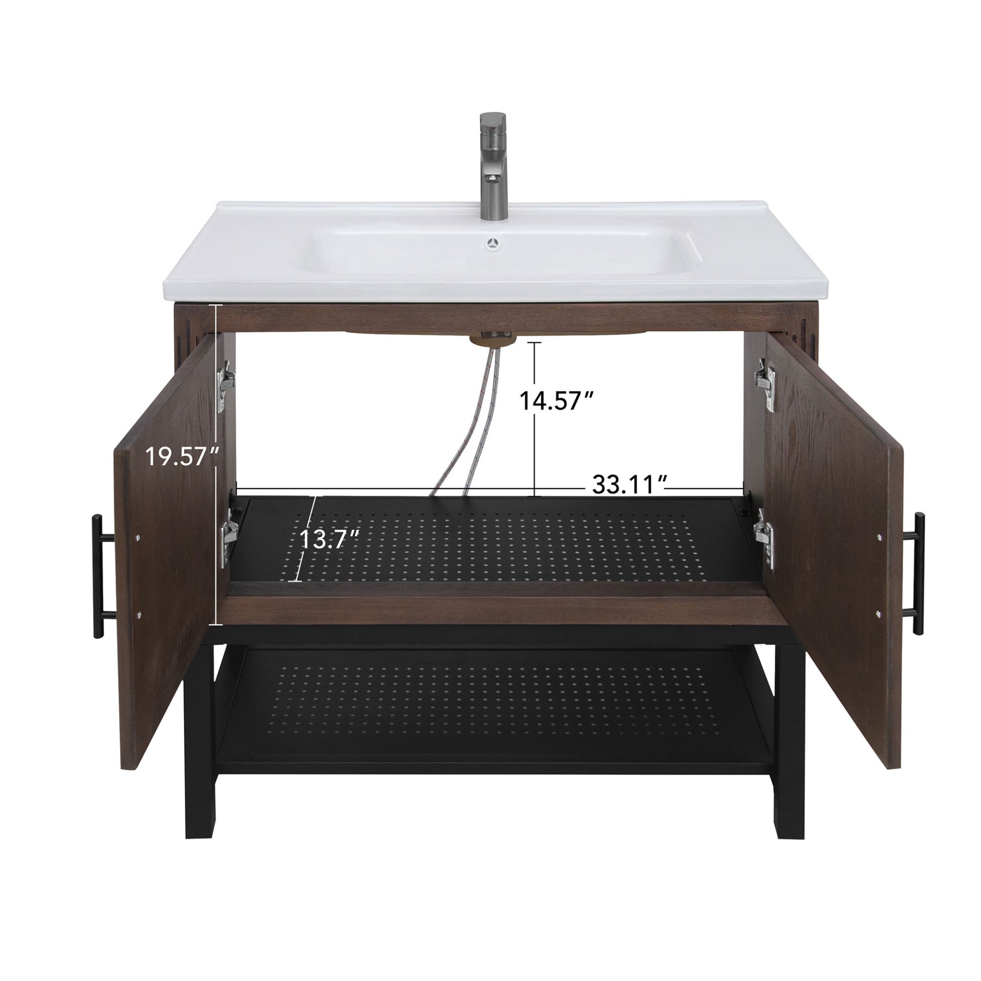 Modern Freestanding 36" Bathroom Vanity With Ceramic Sink, Hot And Cold Faucet, 2 Door Cabinet & Open Iron Shelf - Walnut - Image 6
