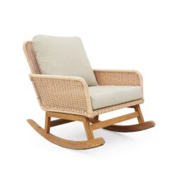 Contemporary Minimalist Wicker Rocking Chair With Soft Polyester Cushions And Wooden Frame - Beige