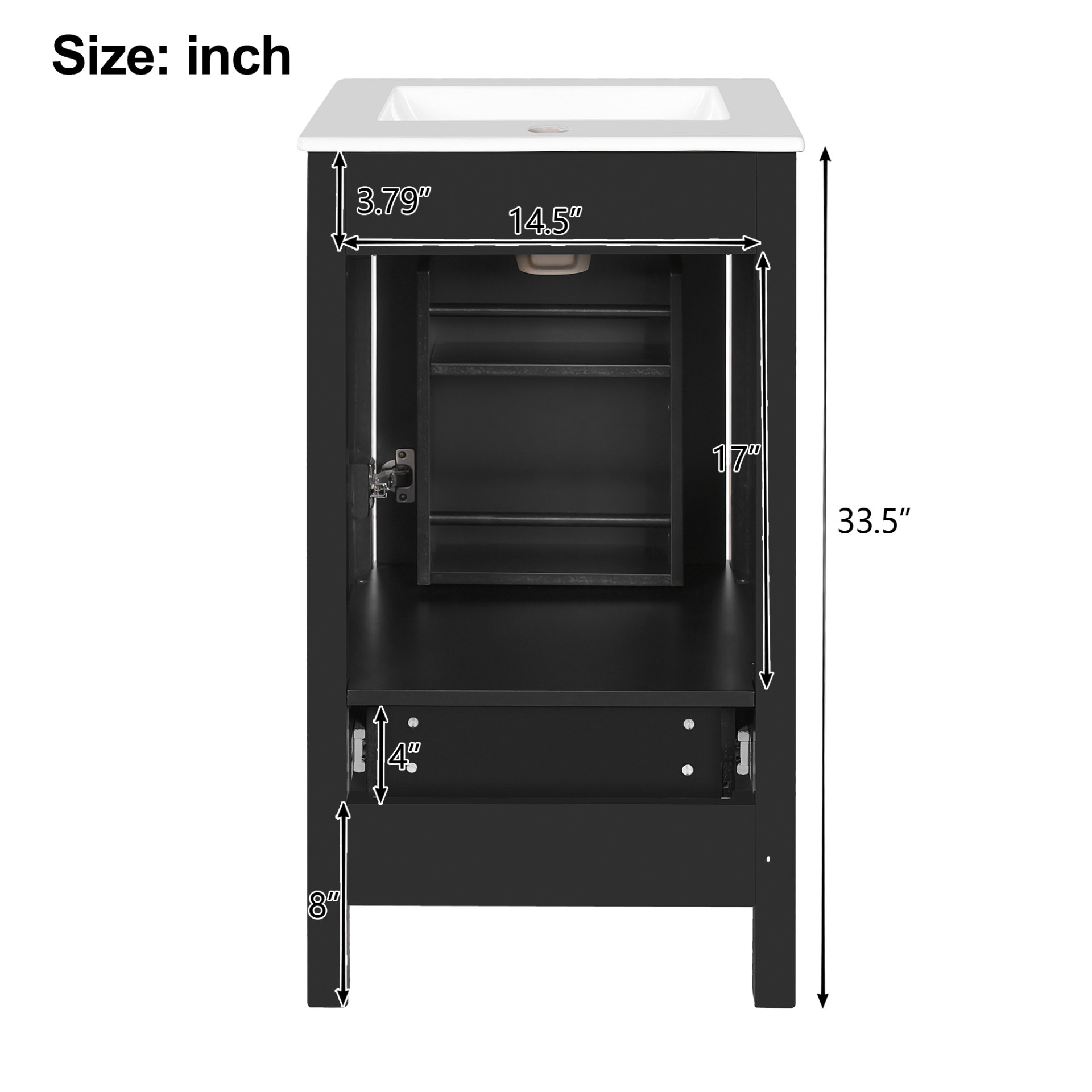 18" Bathroom Vanity With Sink, Soft Close Drawers, Door Organizer, Divider Drawer, Adjustable Foot Pads - Black - Image 11