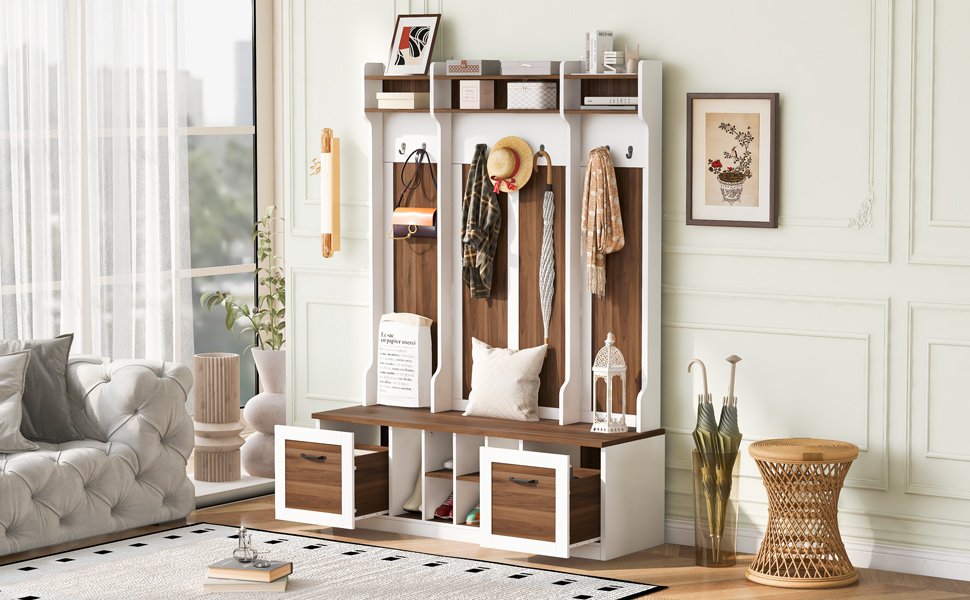 5 In 1 Entryway Bench With Coat Rack, 7 Sturdy Hooks, 2 Spacious Drawers And Adjustable Shelves, Wide Hall Tree With Metal Handles For Hallway - Brown / White - Image 8