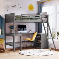 Twin Size Loft Bed With Shelves With Desk - Gray