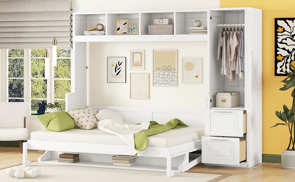 Queen Size Murphy Wall Bed With Closet And Drawers - White - Image 14