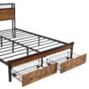 Modern King Size Metal Platform Bed Frame With Wooden Headboard USB Charging LED Lights And Storage - Brown / Black - Image 16