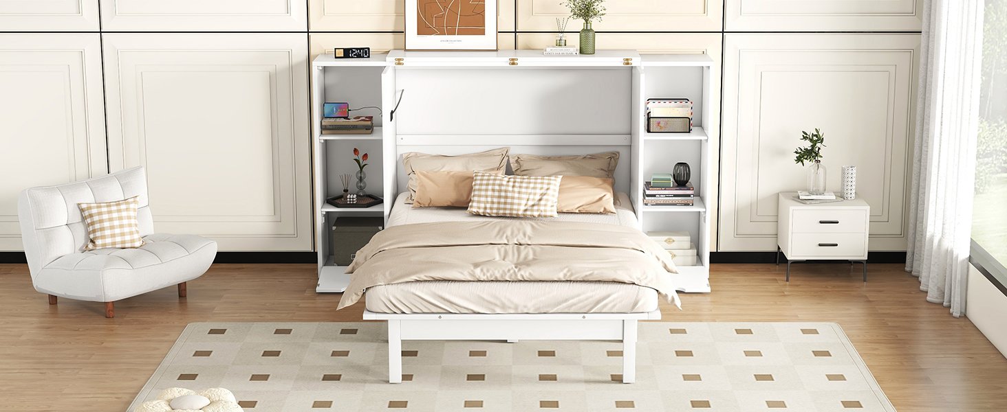 Queen Size Murphy Bed With Shelves, Drawers And USB Ports - White - Image 18