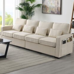 4 Seater Modern Linen Sofa With Armrest Pockets And 4 Pillows, Minimalist Style Couch - Beige