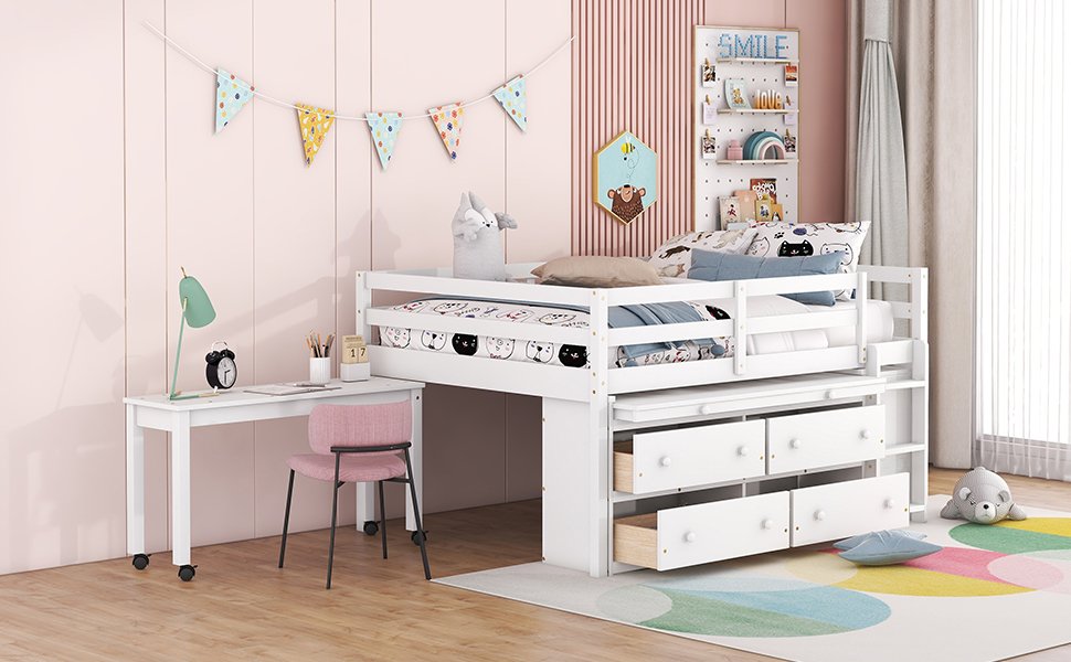 Full Size Loft Bed With Retractable Writing Desk And 4 Drawers, With Lateral Portable Desk And Shelves - White - Image 19