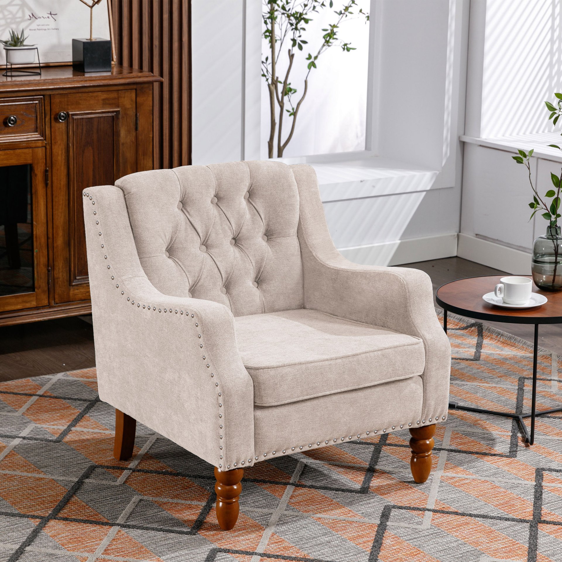Accent Chair, Living Room Chair, Footrest Chair Set With Vintage Brass Studs, Button Tufted Upholstered Armchair For Living Room, Comfy Reading Chair For Bedroom, Reception Room - Beige - Image 4