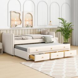 Twin Size Upholstered Daybed With Twin Size Trundle And Drawers - Beige