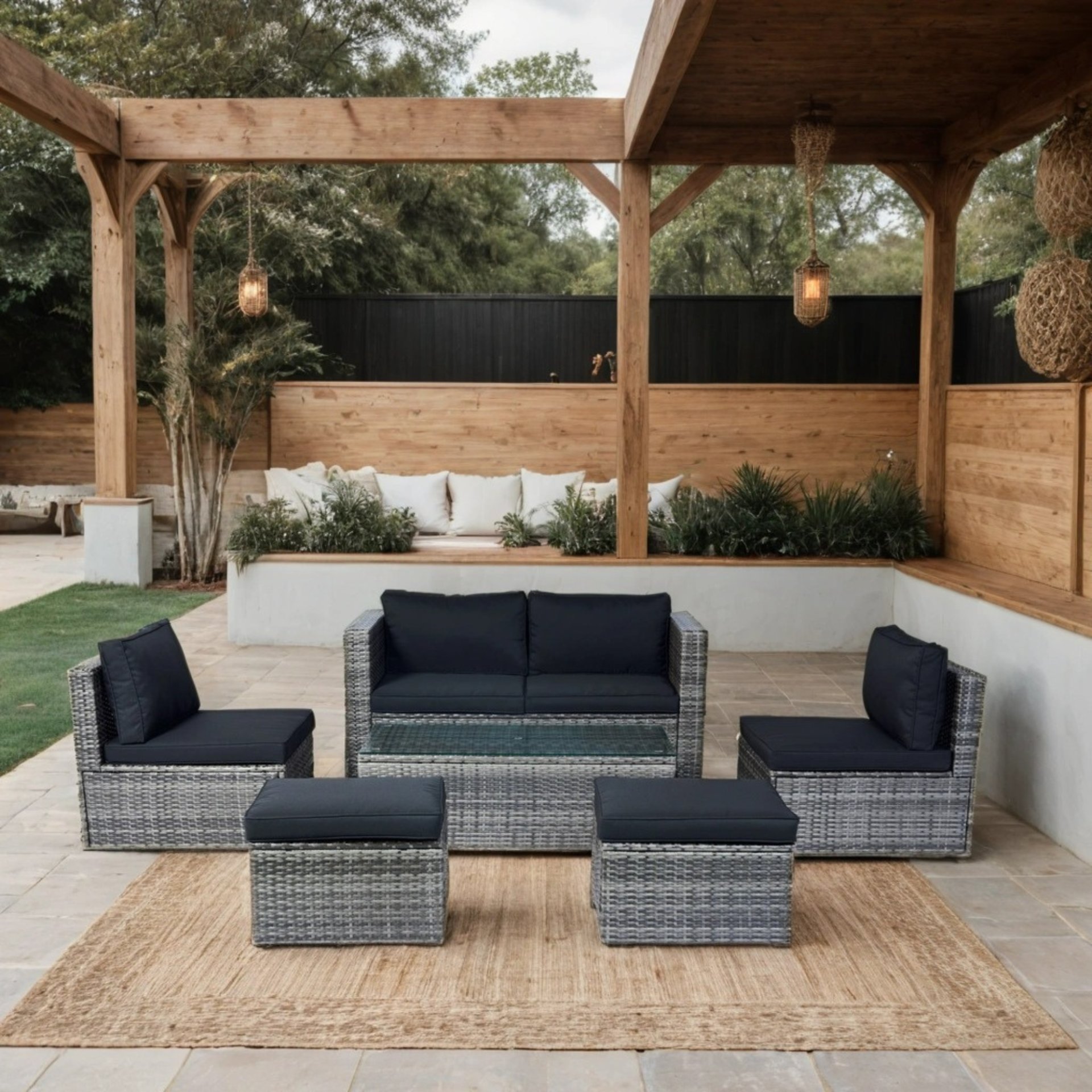 6 Piece Patio Wicker Sectional Set Patio Backyard Conversation Set Space Saving - Gray / Black - Image 2