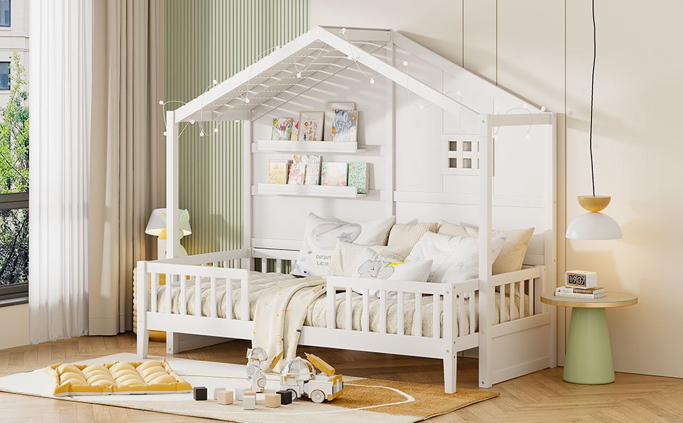 Twin Size House Bed With Shelves, Window And Sparkling Light Strip On The Roof - White - Image 20