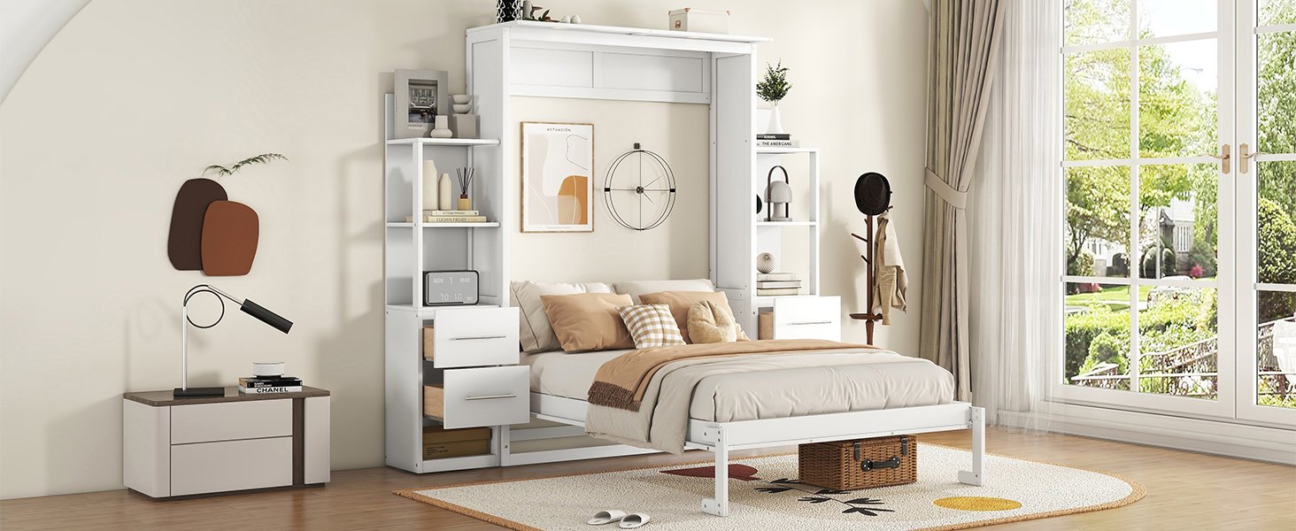 Full Size Murphy Wall Bed With Shelves, Drawers And LED Lights - White - Image 26