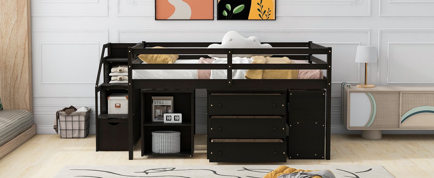 Full Size Loft Bed With Retractable Writing Desk And 3 Drawers With Storage Stairs And Shelves - Espresso - Image 23