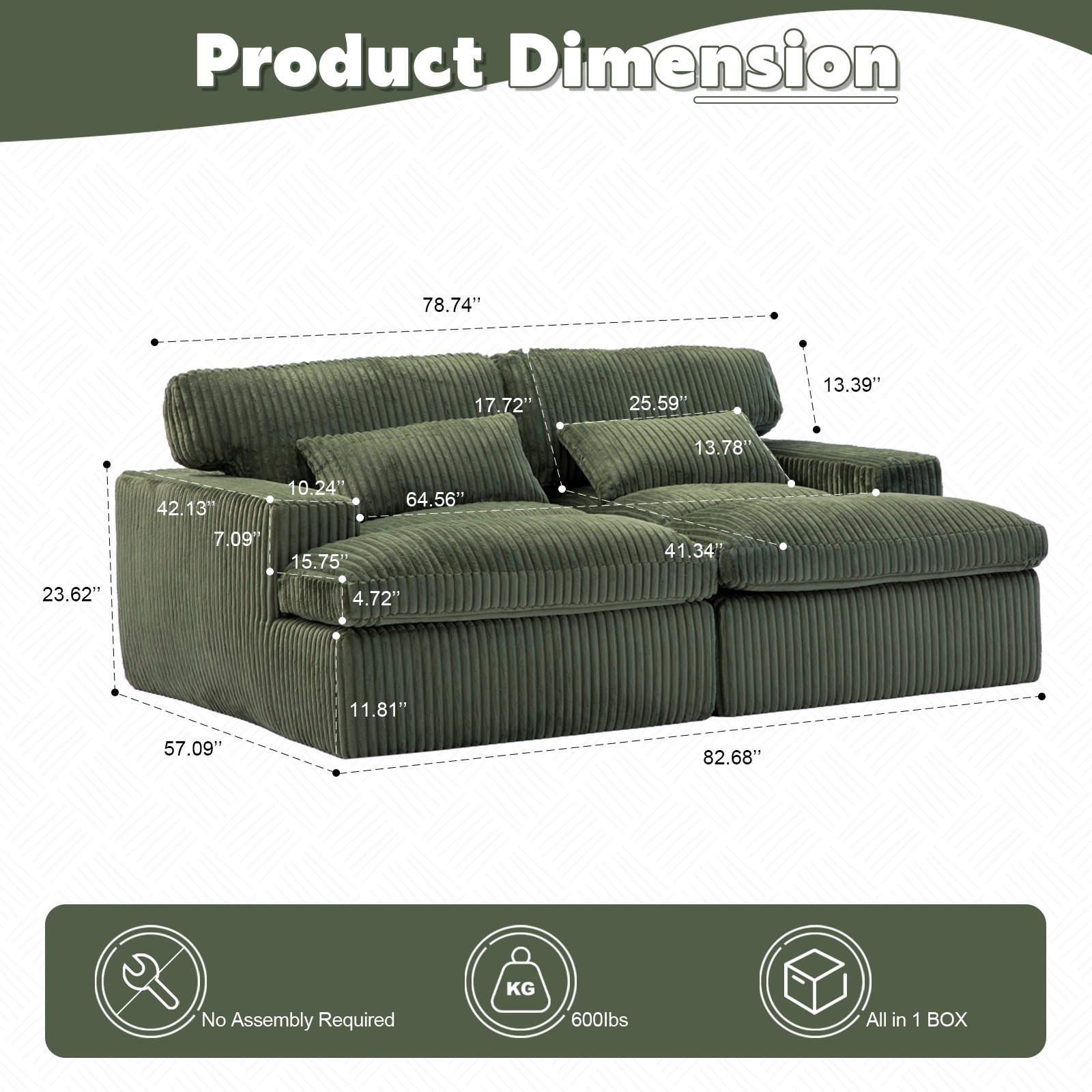 Double Chaise Lounge Chair Indoor, Oversized Upholstered Sleeper Cloud Couch, Deep Seat Sofa Bed - Green - Image 3