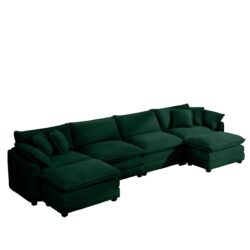 Modern Upholstered Corduroy Sofa With 3 Footstools, 4 Seater - Green