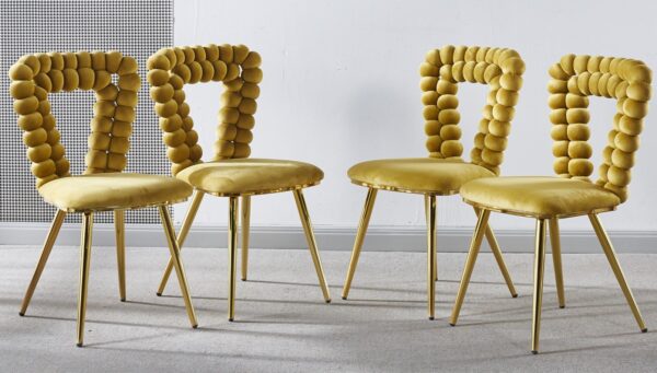 Modern Chair With Iron Tube Legs, Soft Cushions And Comfortable Backrest, Suitable For Dining Room, Living Room, Cafe, Hairball Back (Set of 4) - Yellow / Gold