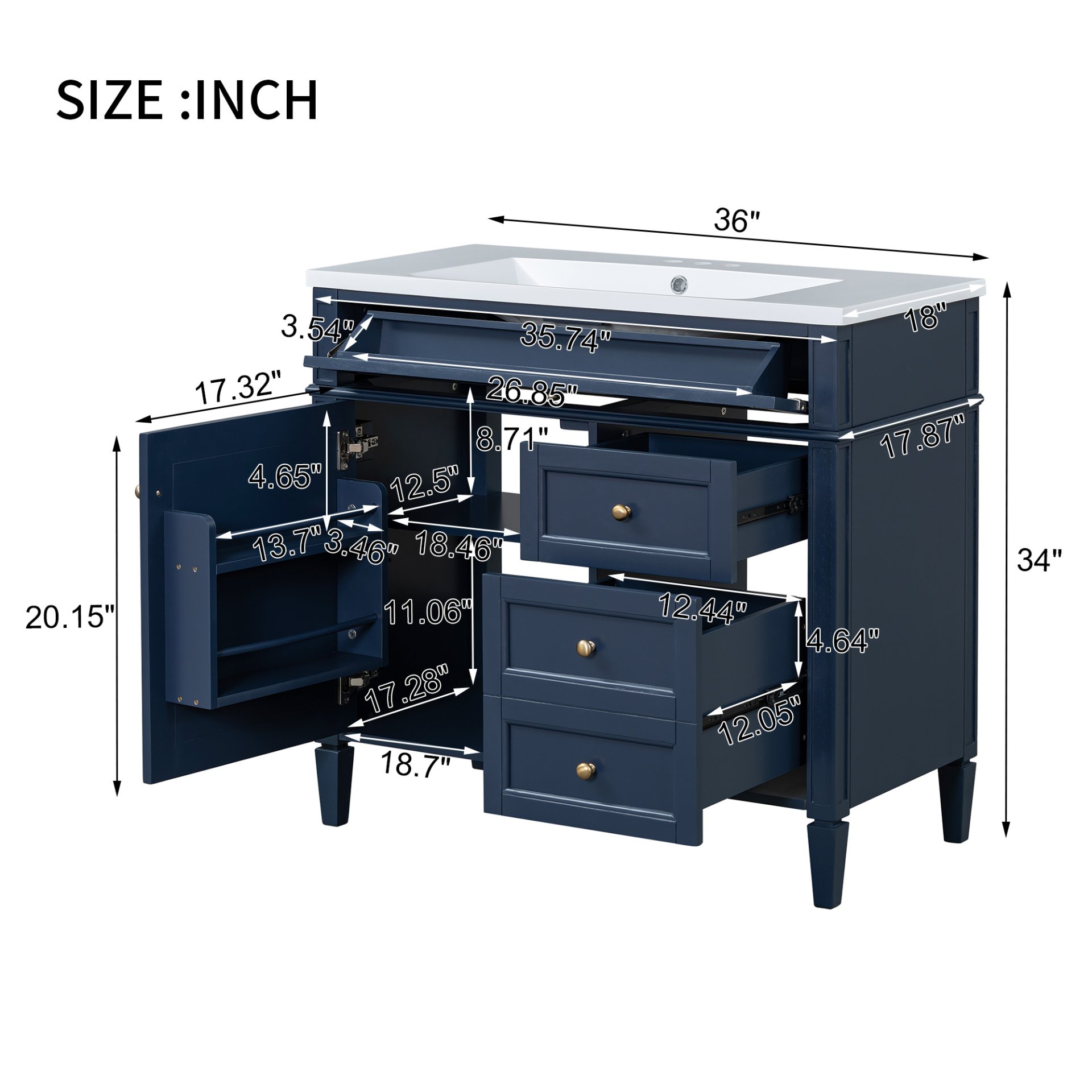 Bathroom Vanity With Top Sink, Modern Bathroom Storage Cabinet With 2 Drawers And A Tip-Out Drawer, Single Sink Bathroom Vanity - Blue - Image 8