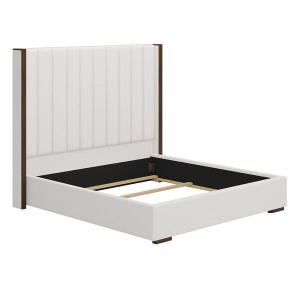 Tall Headboard Upholstered King Size Bed With Vertical Striped And Wingback Design, Box Spring Needed, Linen - Beige