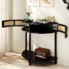 Boho Rattan Semi Circle End Table With Sliding Door, Elegant Wood Accent Table With Storage And Bottom Shelf - Black - Image 18