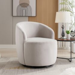 Velvet Fabric Swivel Accent Armchair Barrel Chair With Black Powder Coating Metal Ring - Gray
