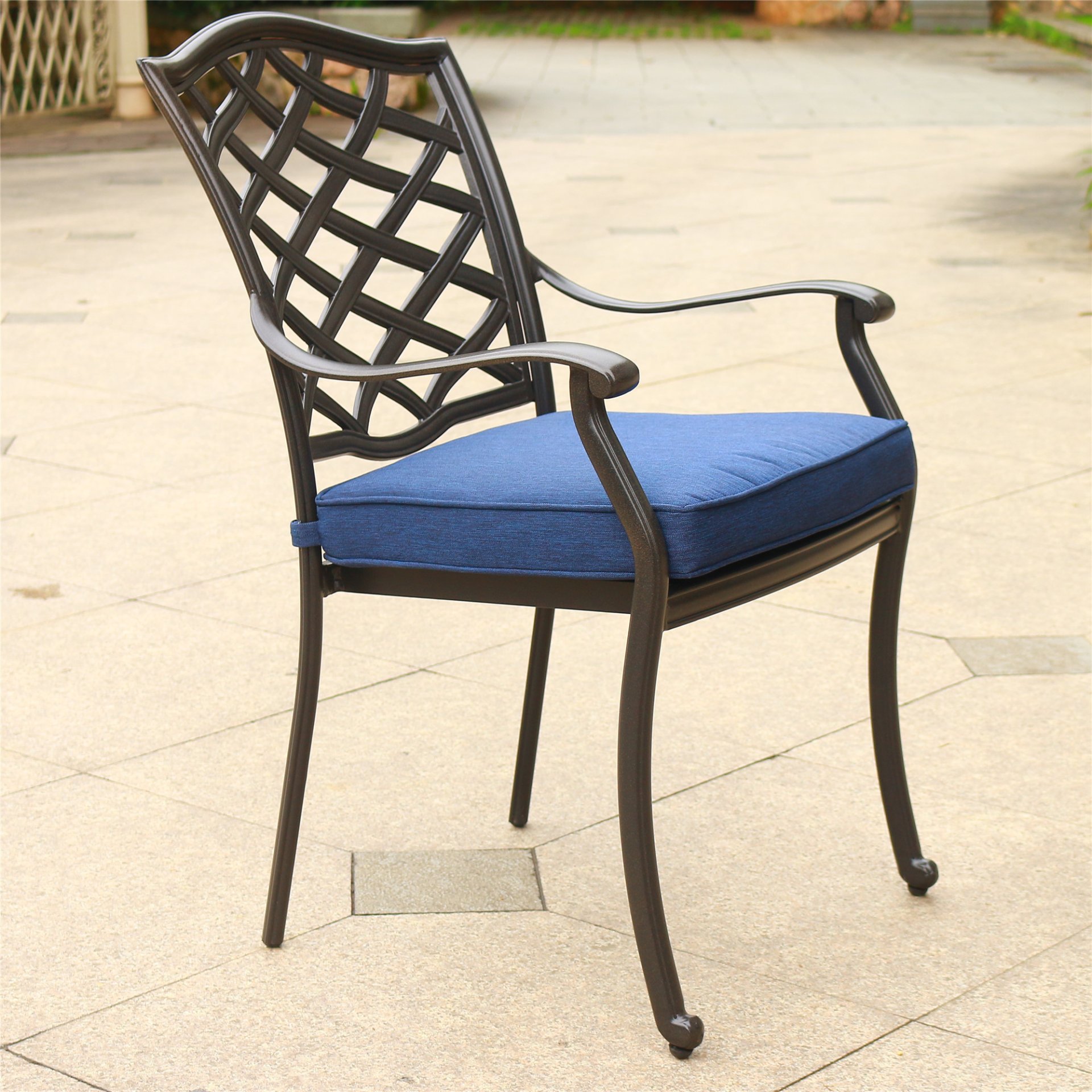 Outdoor Patio Aluminum Dining Arm Chair With Cushion (Set of 2) - Navy Blue - Image 3