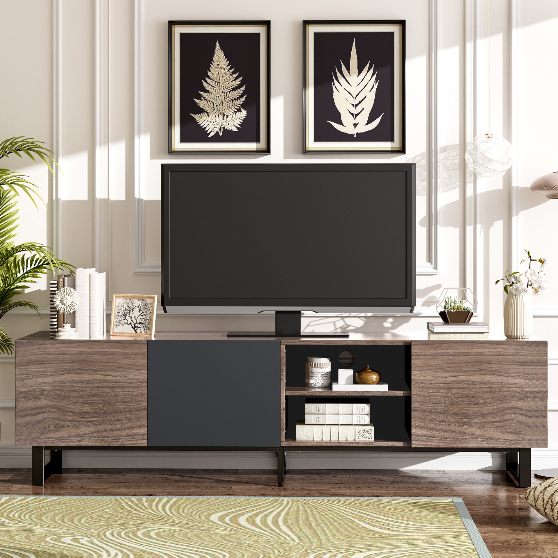 Modern TV With 3 Cabinets & Open Shelves, Color-Matching Media Console Table For Tvs Up To 80'', Entertainment Center With Drop Down Door For Living Room - Dark Brown - Image 3