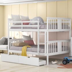 Full Over Full Bunk Bed With Drawers And Ladder For Bedroom - White