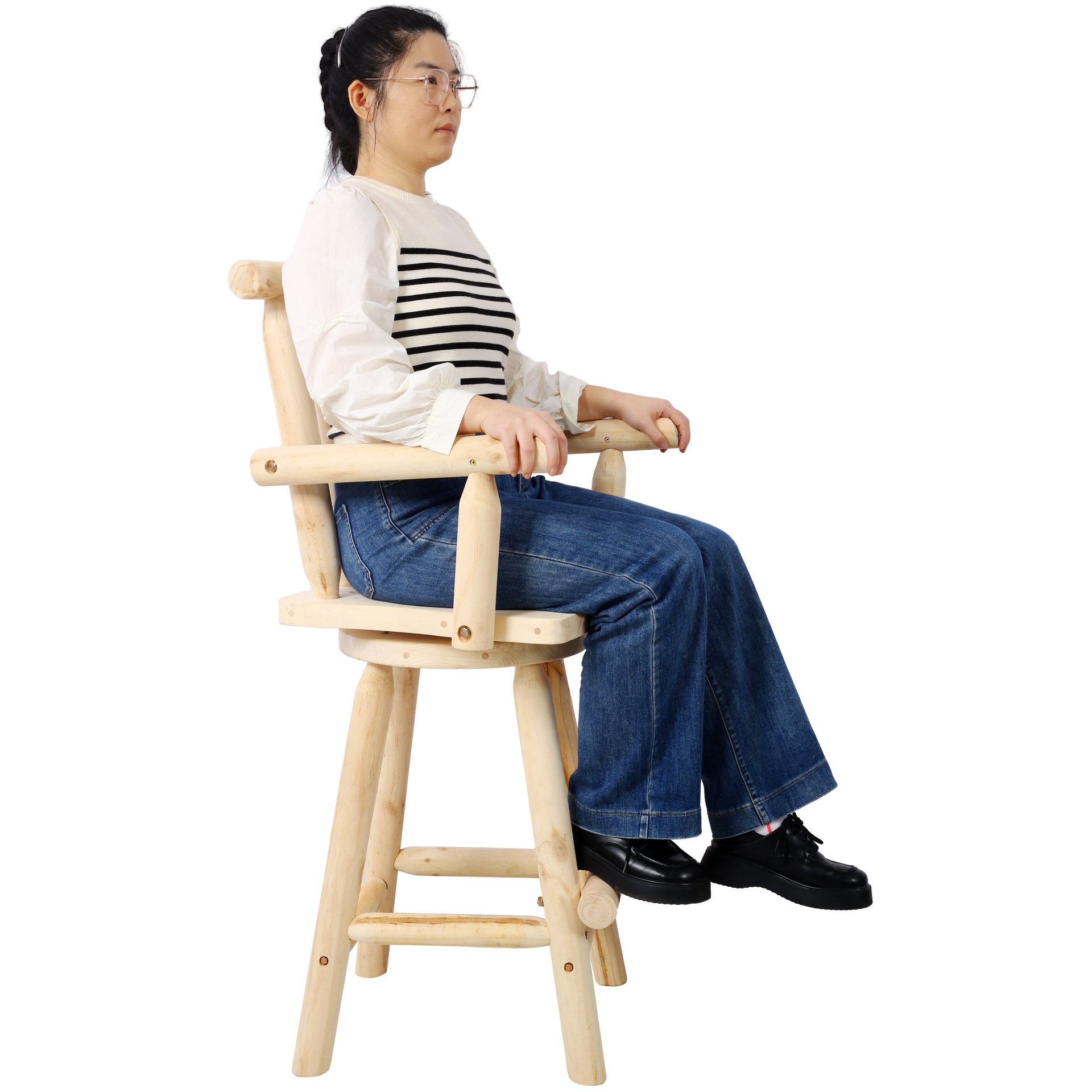 Rustic Fir Wood Bar Stool With Footrest And Wide Armrest For Kitchen, Dining Room, Or Bistro - Light Brown - Image 15