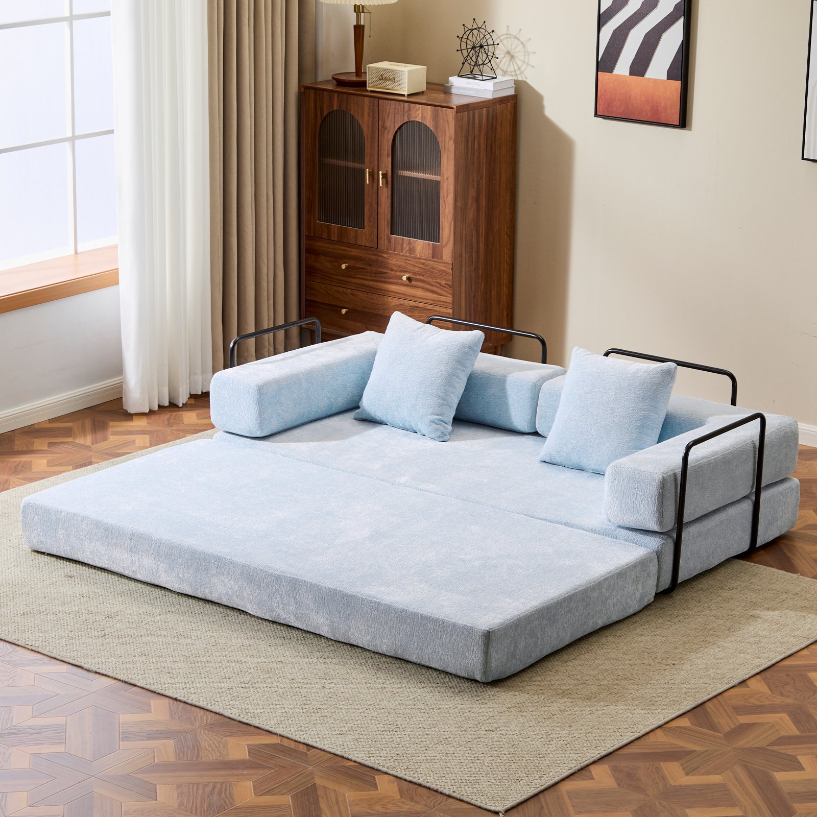 Floor Couch, Compression Sofa, Convertible Floor Sofa Bed With Pillow Back Support Armrest - Light Blue - Image 2