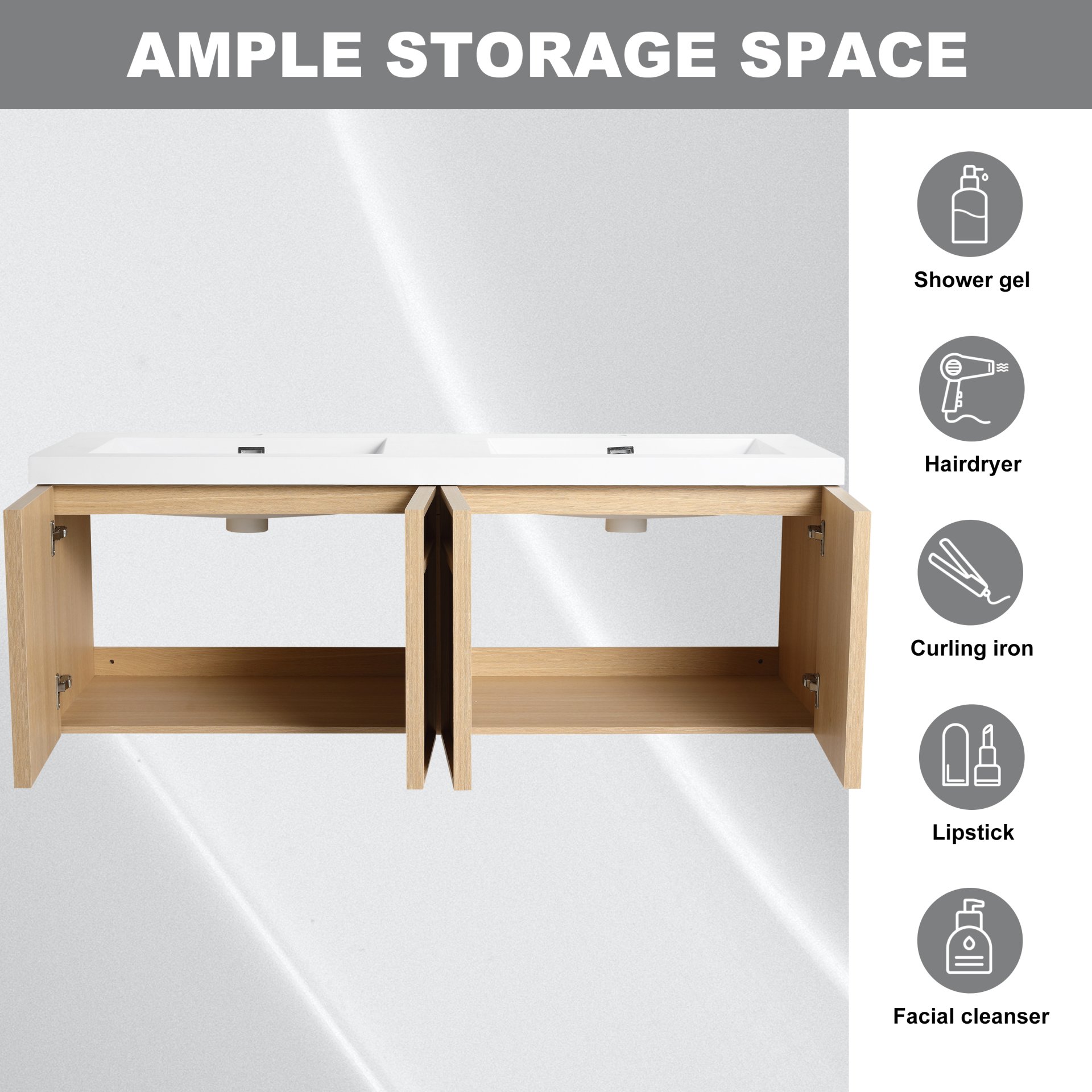 Original 60" Wall Mounted Bathroom Vanity With Double Resin Sink And Soft Closing Doors Plywood - Oak - Image 6