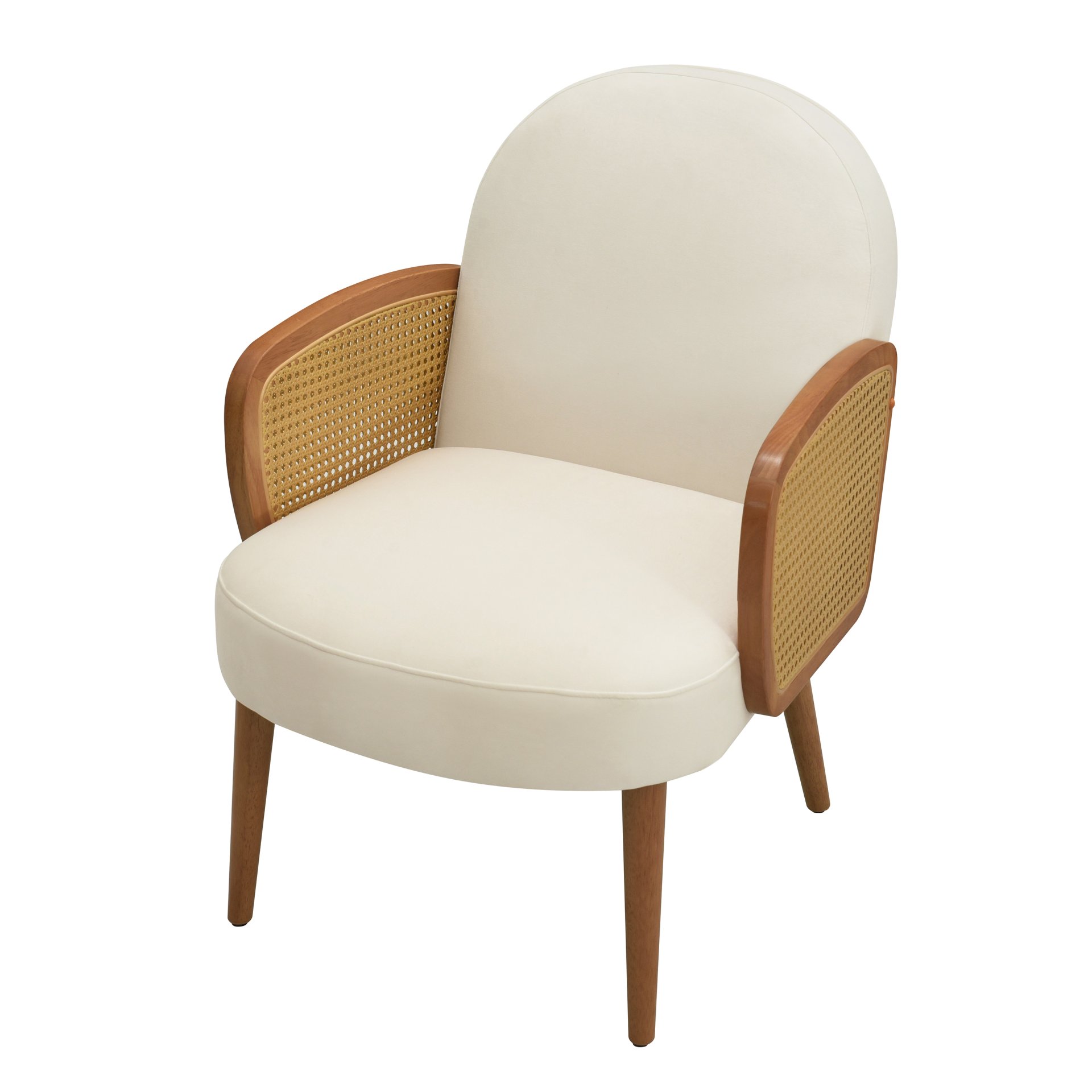Mid Century Accent Chair With Rattan Armrests, Velvet Upholstery & Wooden Legs - Ivory - Image 7