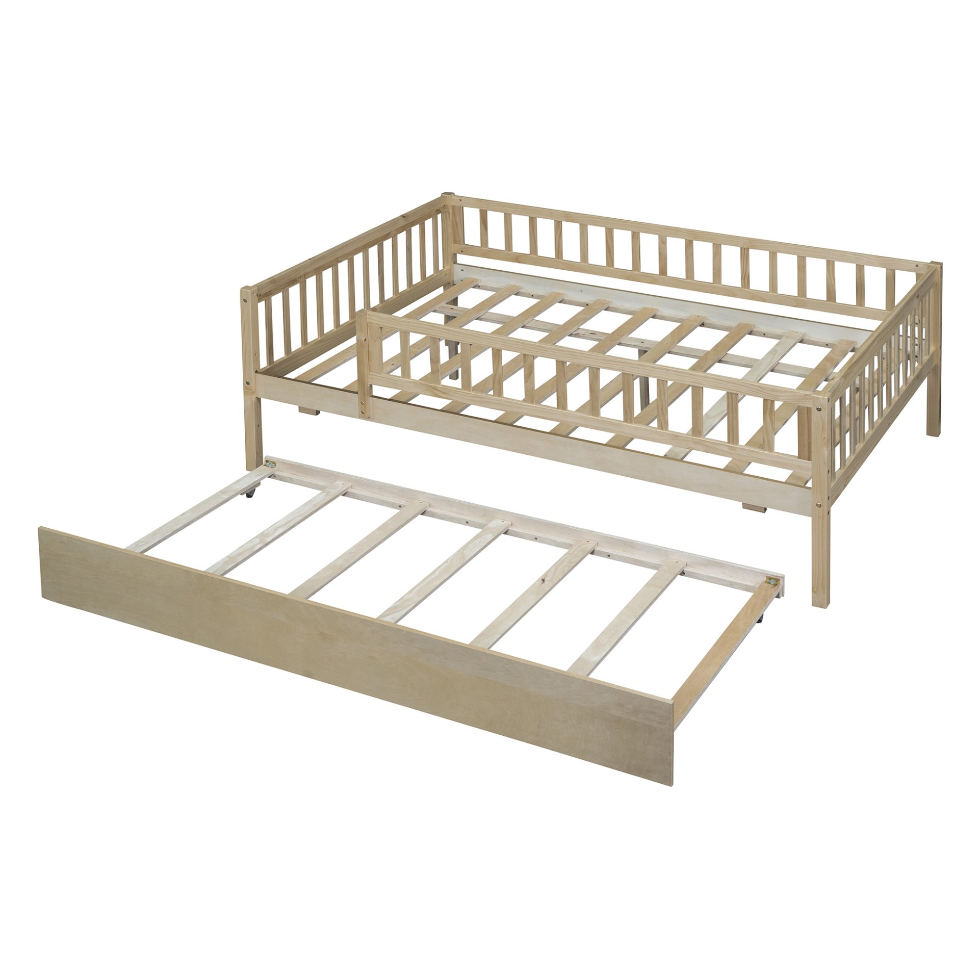 Full Size Daybed With Trundle And Fence Guardrails - Natural - Image 14