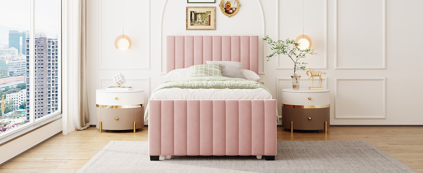 Twin Size Upholstered Platform Bed With Twin Size Trundle - Pink - Image 12
