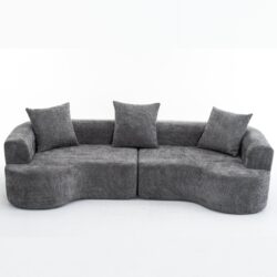 Modern Style Curved Sofa, Soft Cushioned Corduroy Sofa With 3 Pillows, Living Room Super Smooth Curved Fabric Sofa - Gray