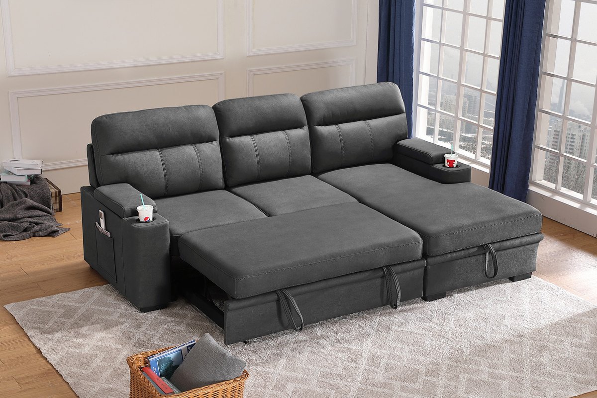 Kaden - Sleeper Sectional Sofa Chaise With Storage Arms And Cupholder - Gray - Image 5