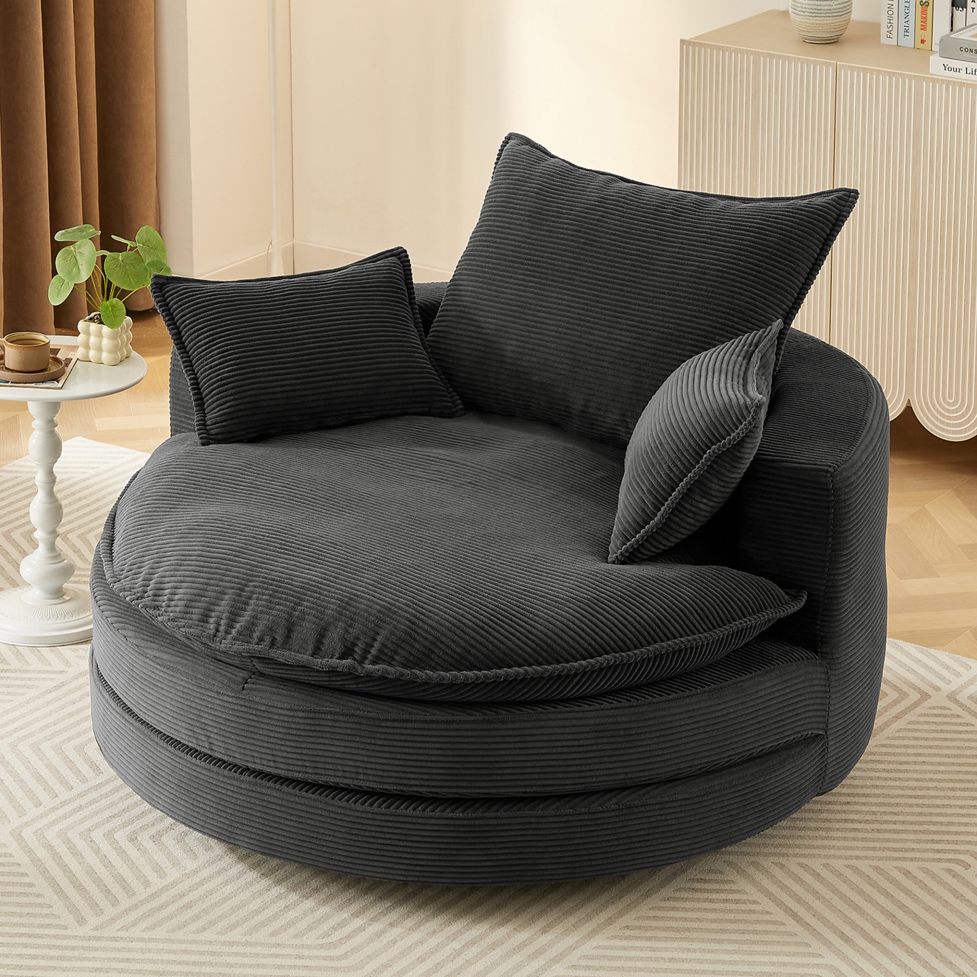 Modern 360° Swivel Sofa Chair With Dual Layer Cushion And Removable Pillows Corduroy - Black - Image 2