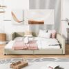Queen & Twin Long Size Upholstered Platform Bed, Mother & Child Bed - Beige - Image 19