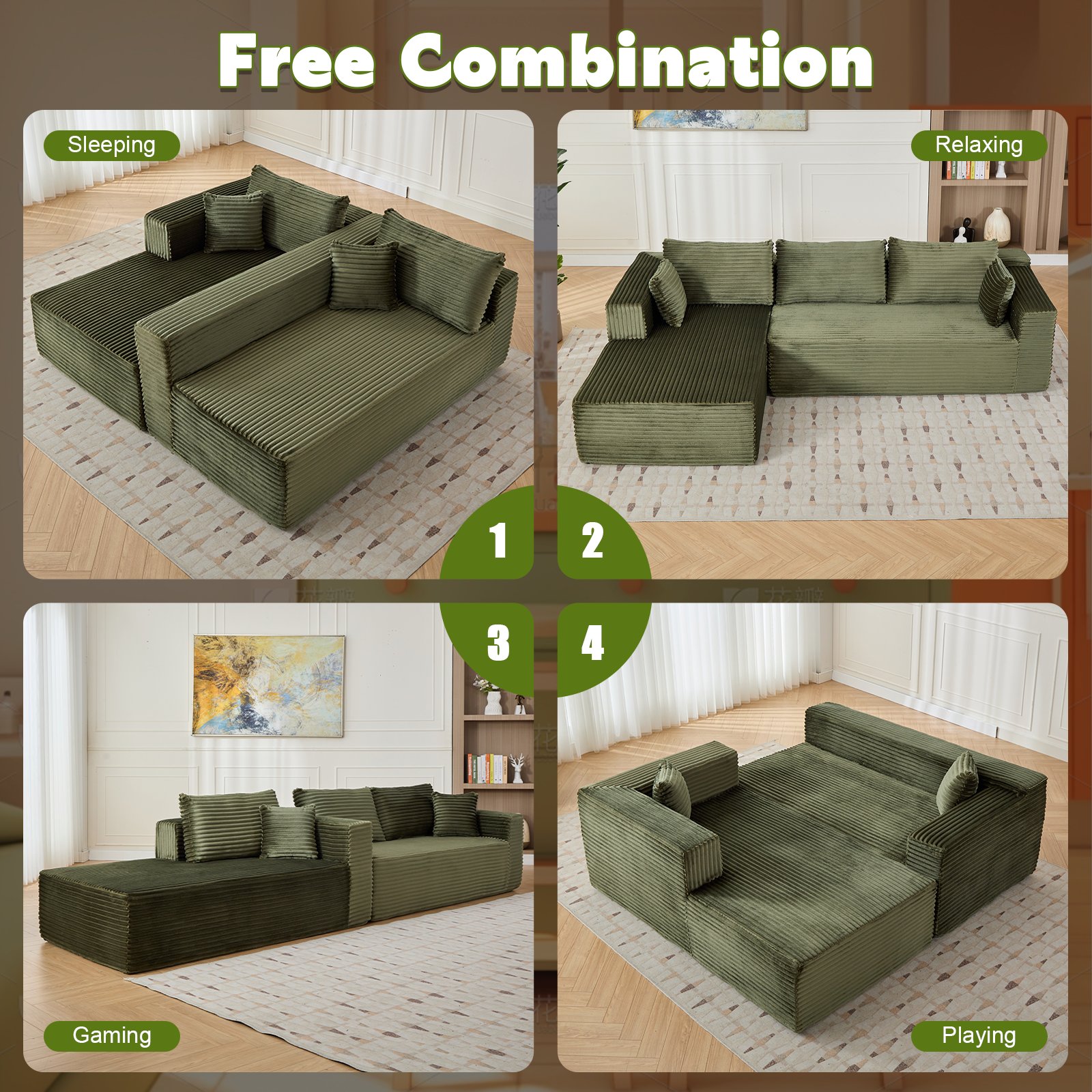 Compression Sectional Couch With Comfy Chaise, Boneless L Shape Sofa With Deep Seat, Minimalist Modular Couches Sleeper - Green - Image 6